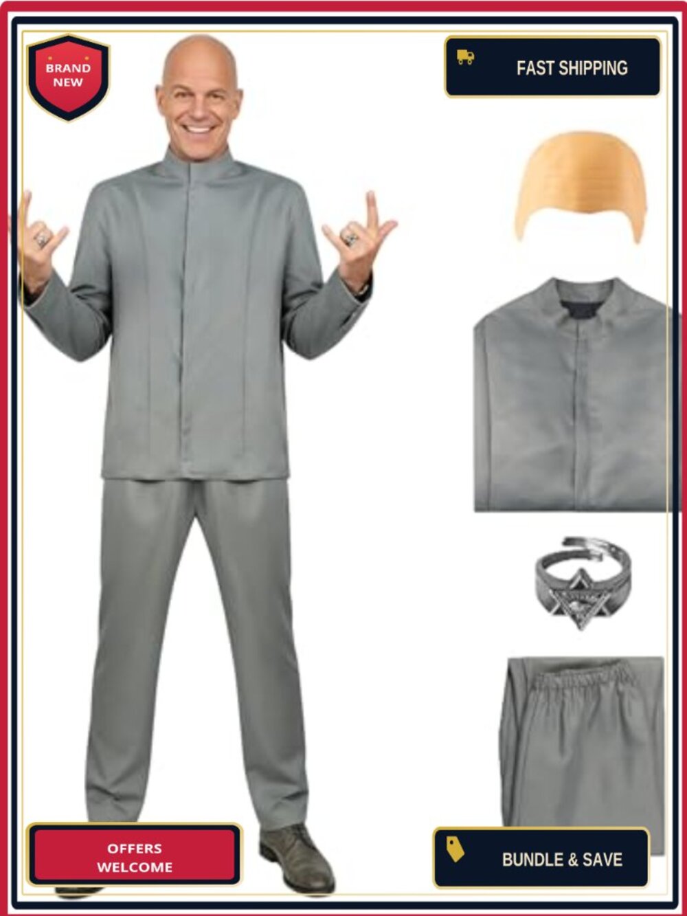 Mens Evil Doctor Grey Suit Costume Villain 60s Adult Halloween Outfit